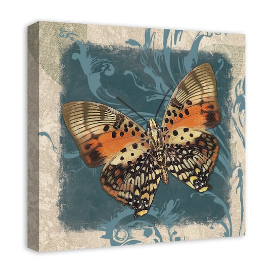 Blue Swirls And Orange Butterfly 20" x 20" Canvas Wall Art